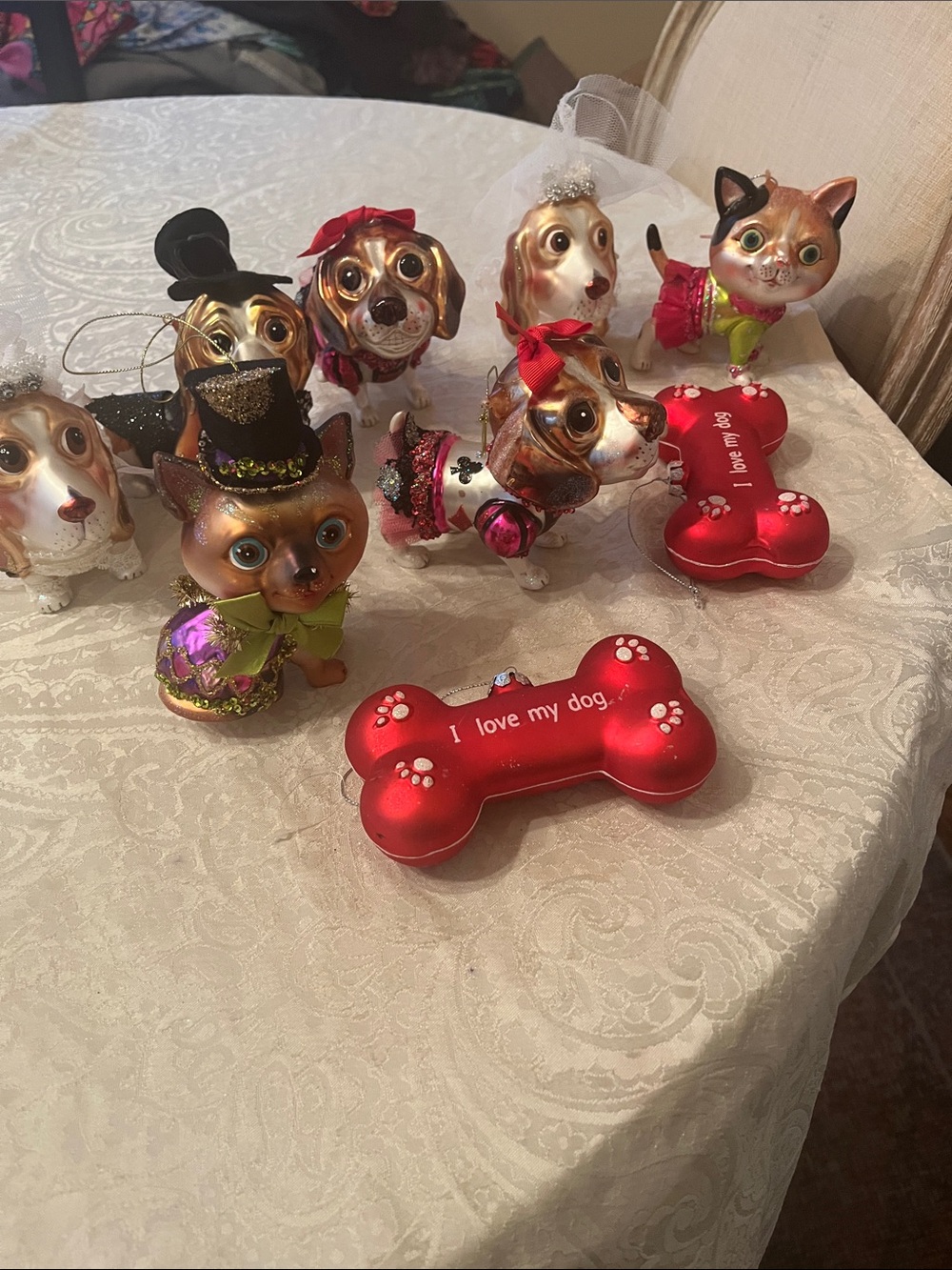 Glass Xmas Ornaments Set of 9, 6 dogs, 1 cat, 2 bones EUC! Whimsical!
